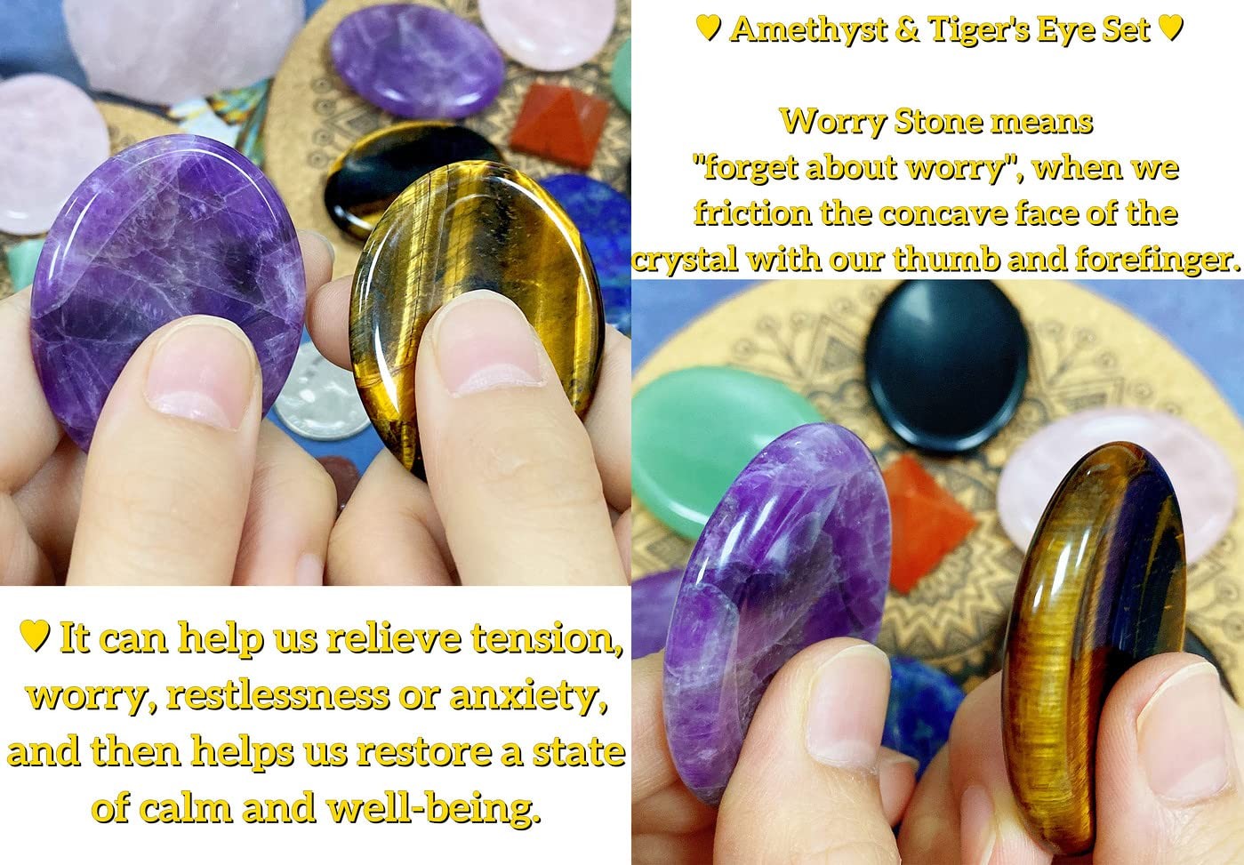 2PCS Worry Stone for Anxiety Tigers Eye Amethyst Healing Crystals Hand Thumb …