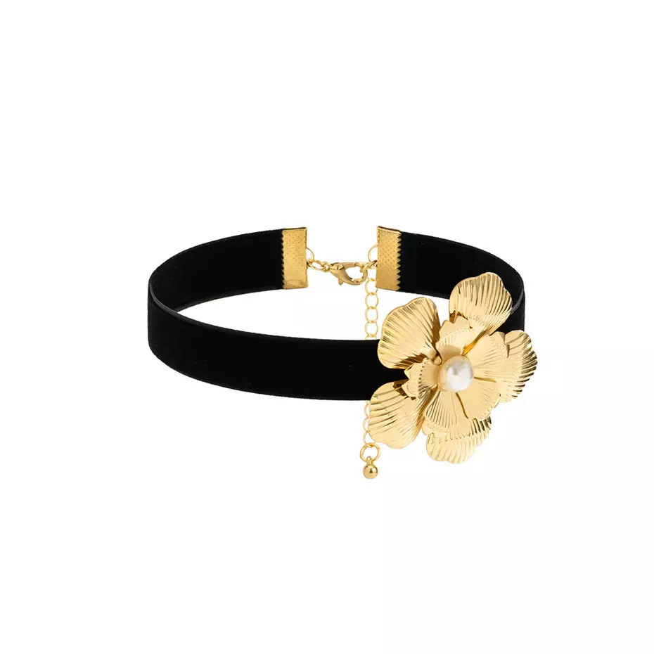 Women’s Fashion Jewelry Gold Rose Flower Velvet Choker Collar Necklace 1PC