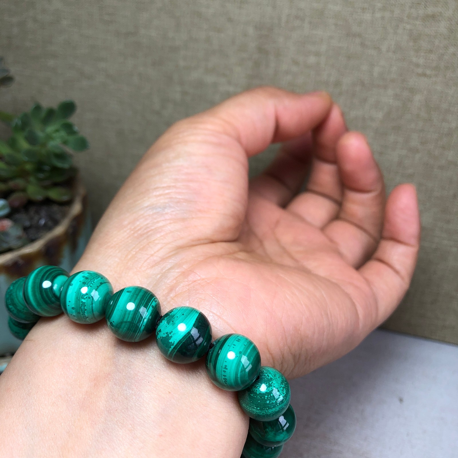 12mm Natural malachite gemstone Crystal chain beads bracelet 67g A4759