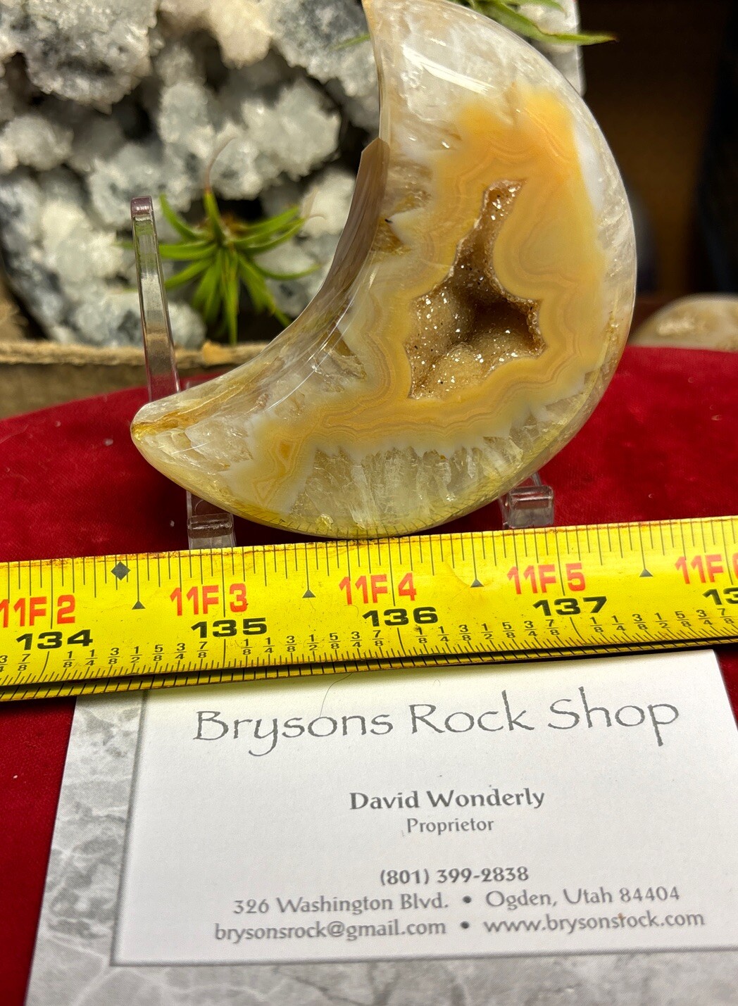 Druse agate moon with acrylic stand 3 1/4”