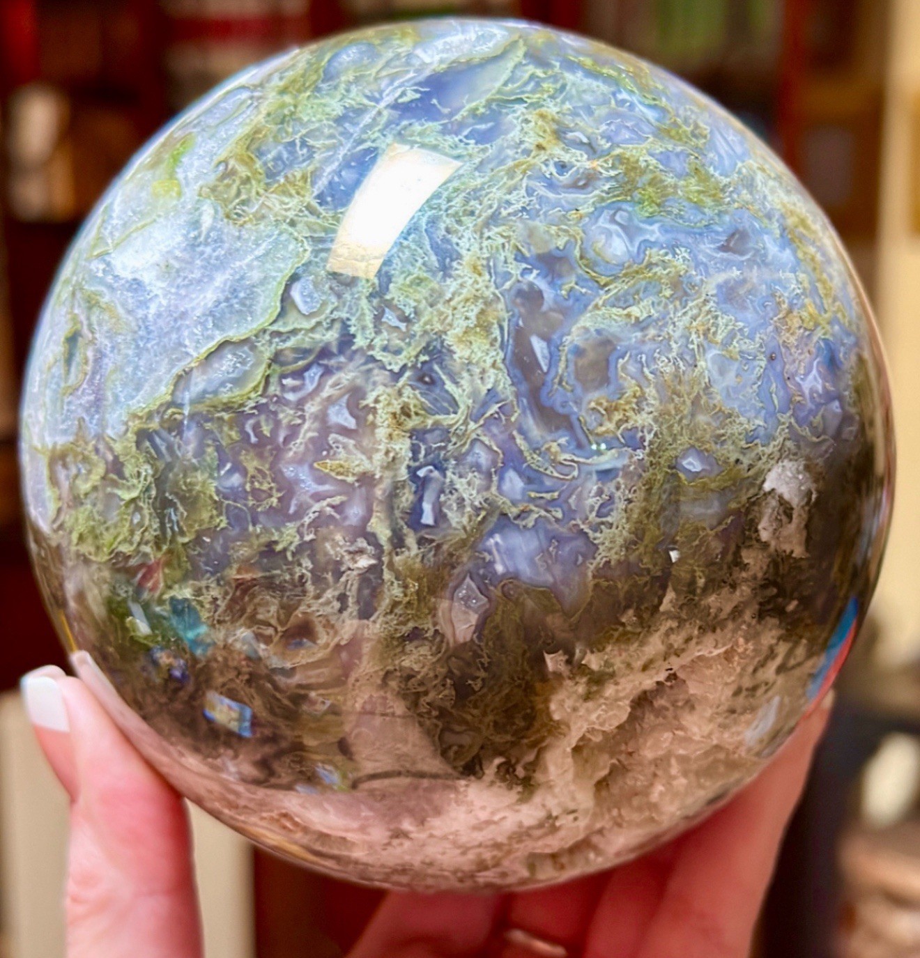 XLarge Moss Agate Sphere 4.5 lb 4” Crystal Ball Druzy Quartz Natural Green