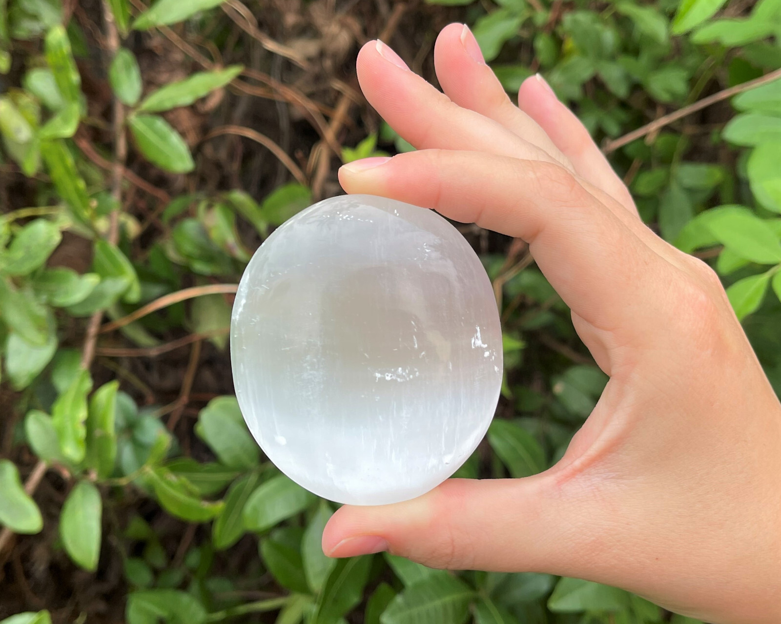 Morocco Selenite Palm Stone 2.5″ & Carry Pouch Worry Healing Soap Stone