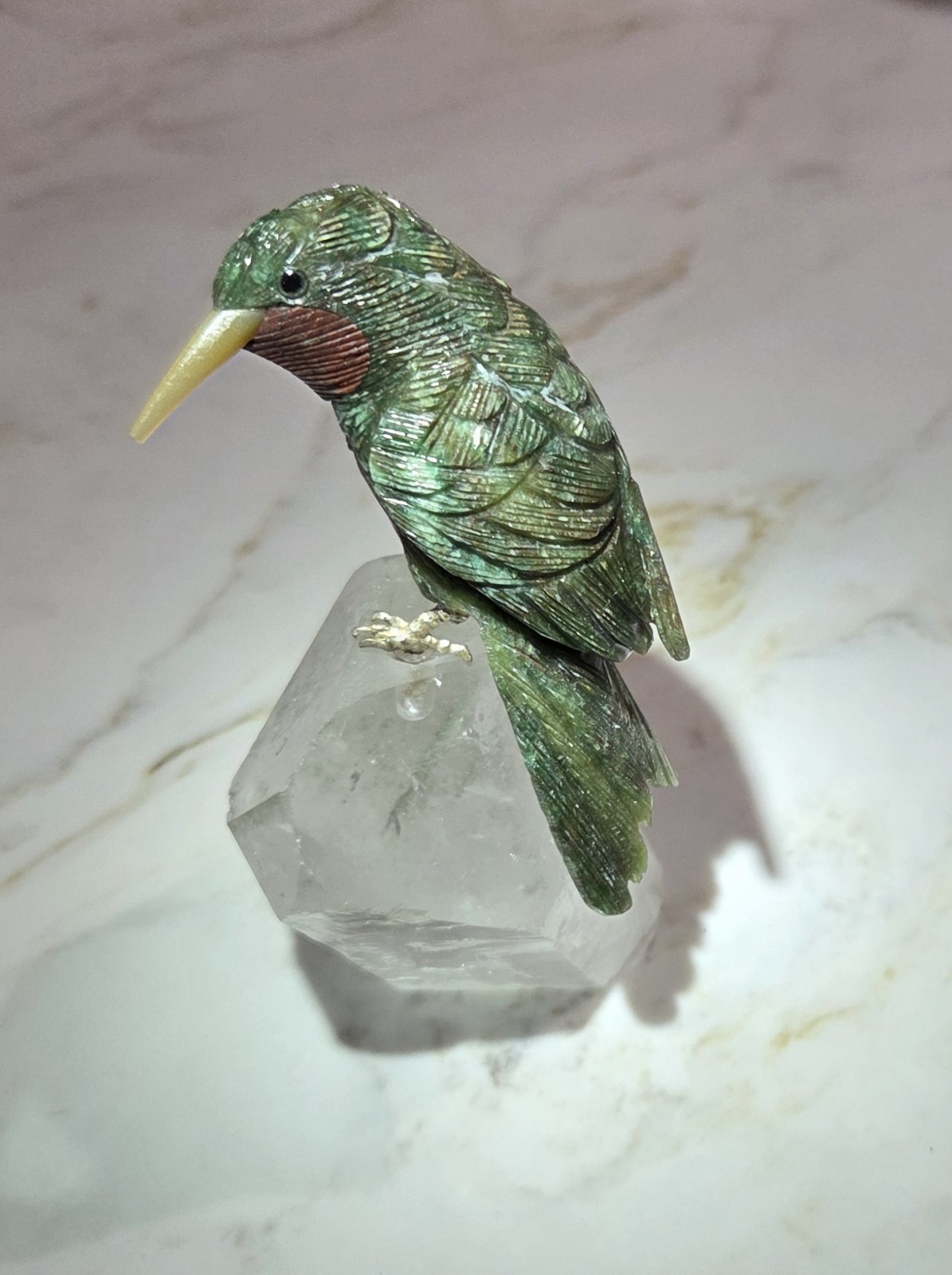 Peter Müller Carved Gemstone Hummingbird on Tourmalinated Quartz Crystal 4.5″