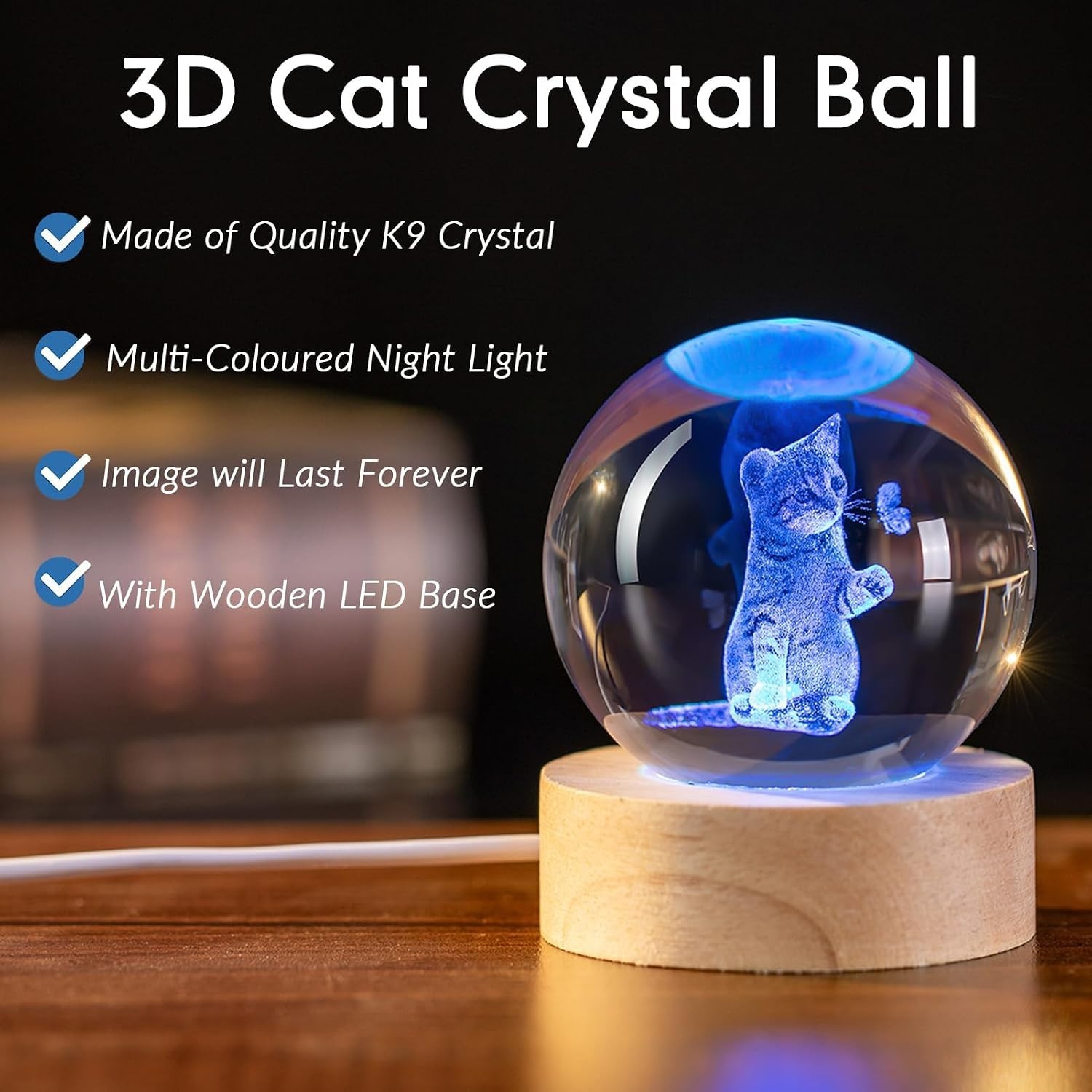 Engraved Cat Image in Crystal – USB Powered Night Light