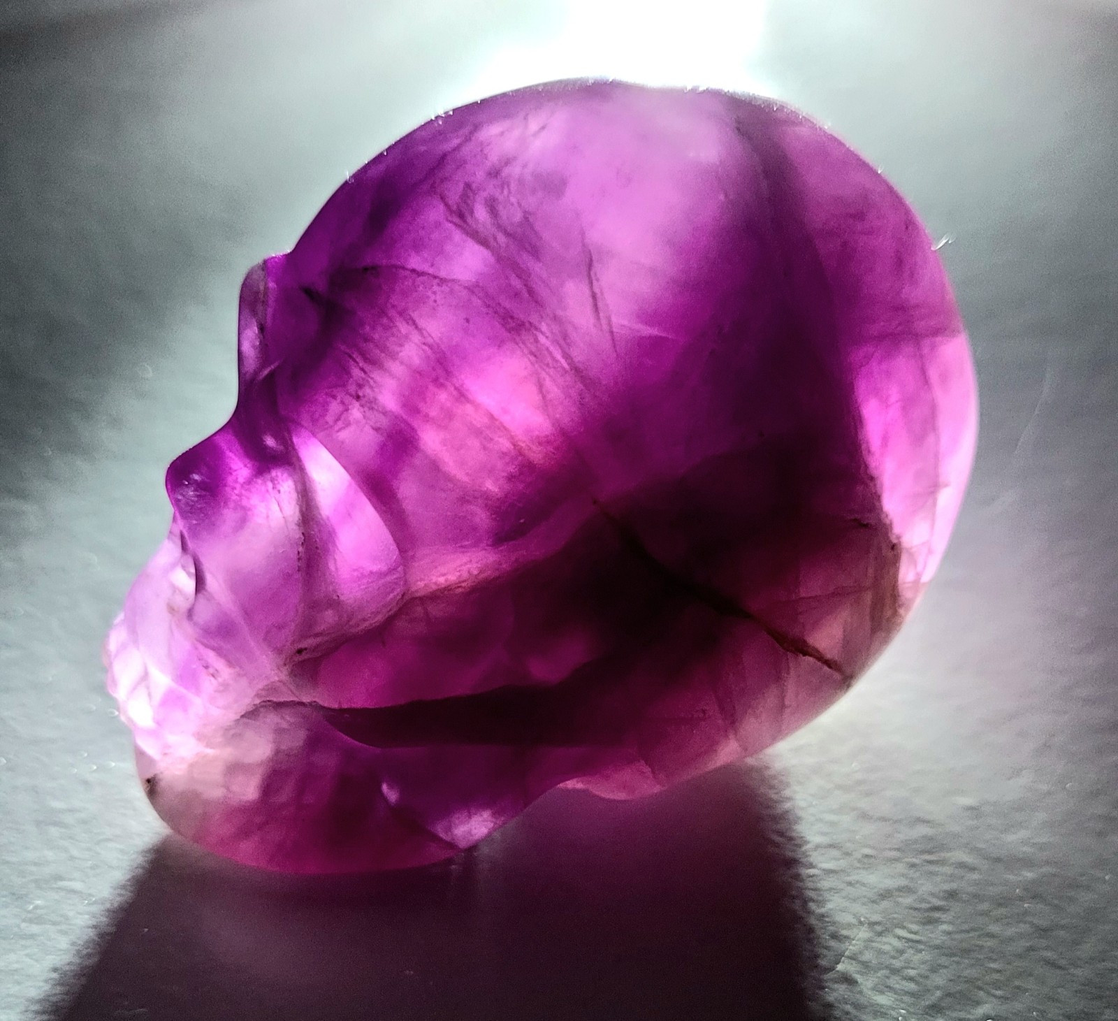 Purple Flourite Human Skull Carving Natural Crystal UV Reactive 439.8g, 0.9lbs
