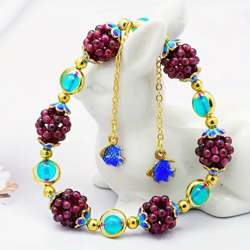 Natural Garnet & Blue Crystal Round Beads Bangle Healing Reiki Woven Bracelet
