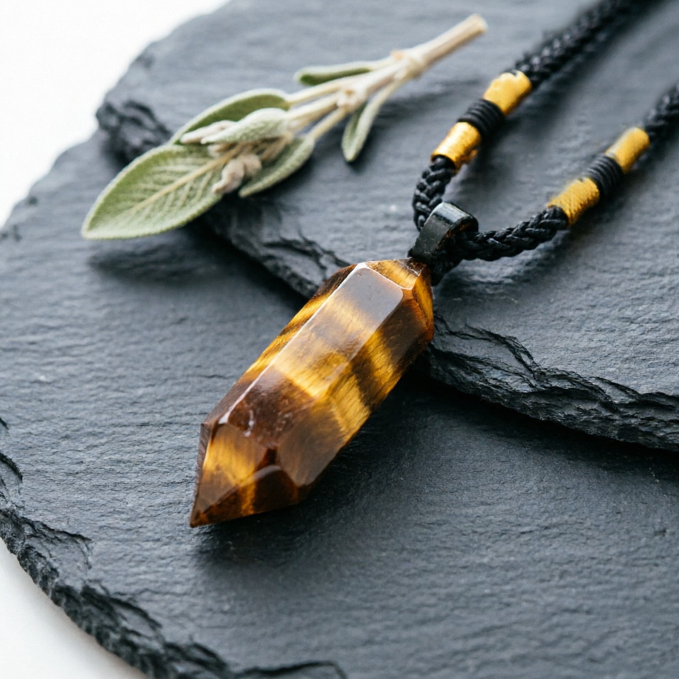 Natural Tiger’s Eye Double Point Crystal Pendant Necklace Healing Stone Unsex