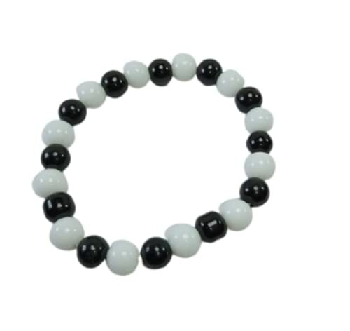 Black & White Smooth Round Gemstone Beads Elastic Cord Bracelet 8 mm size