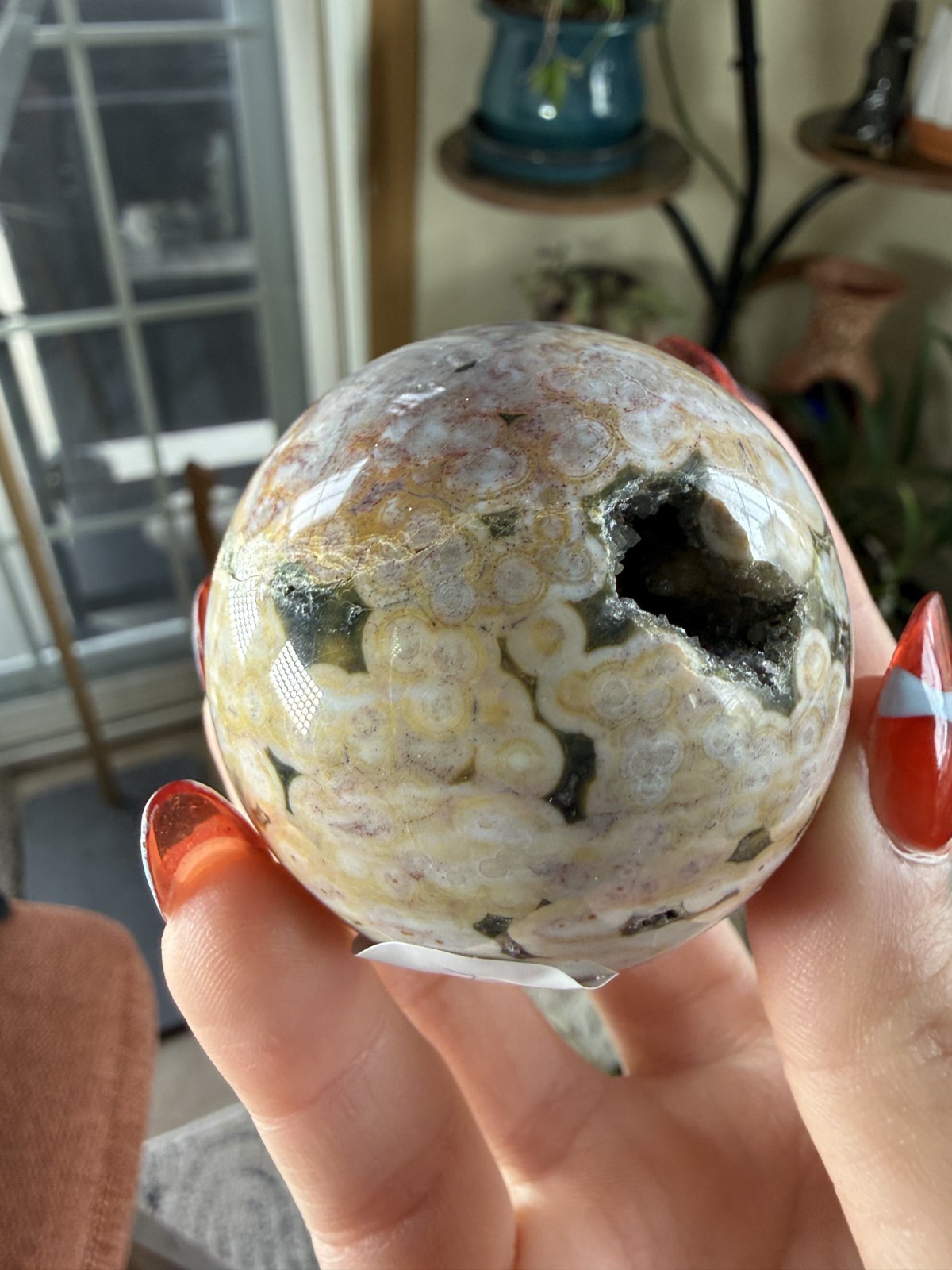 8th Vein Ocean Jasper Sphere – Pink, Green, Gold & White – Druzy Caves – 5.47 oz