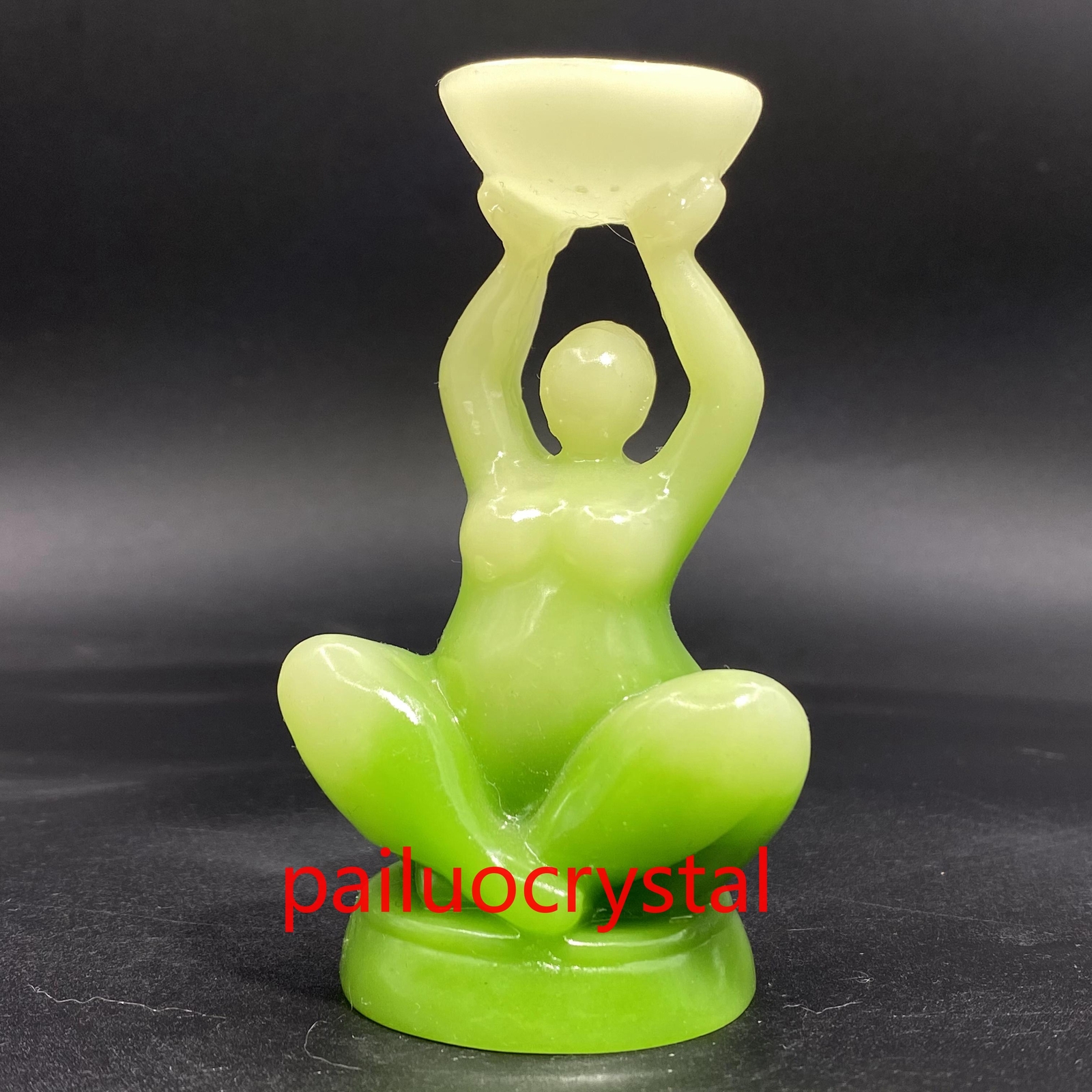 4″ Green Luminous Stone +resin Women Quartz Crystal Skull Goddess Base 1pc