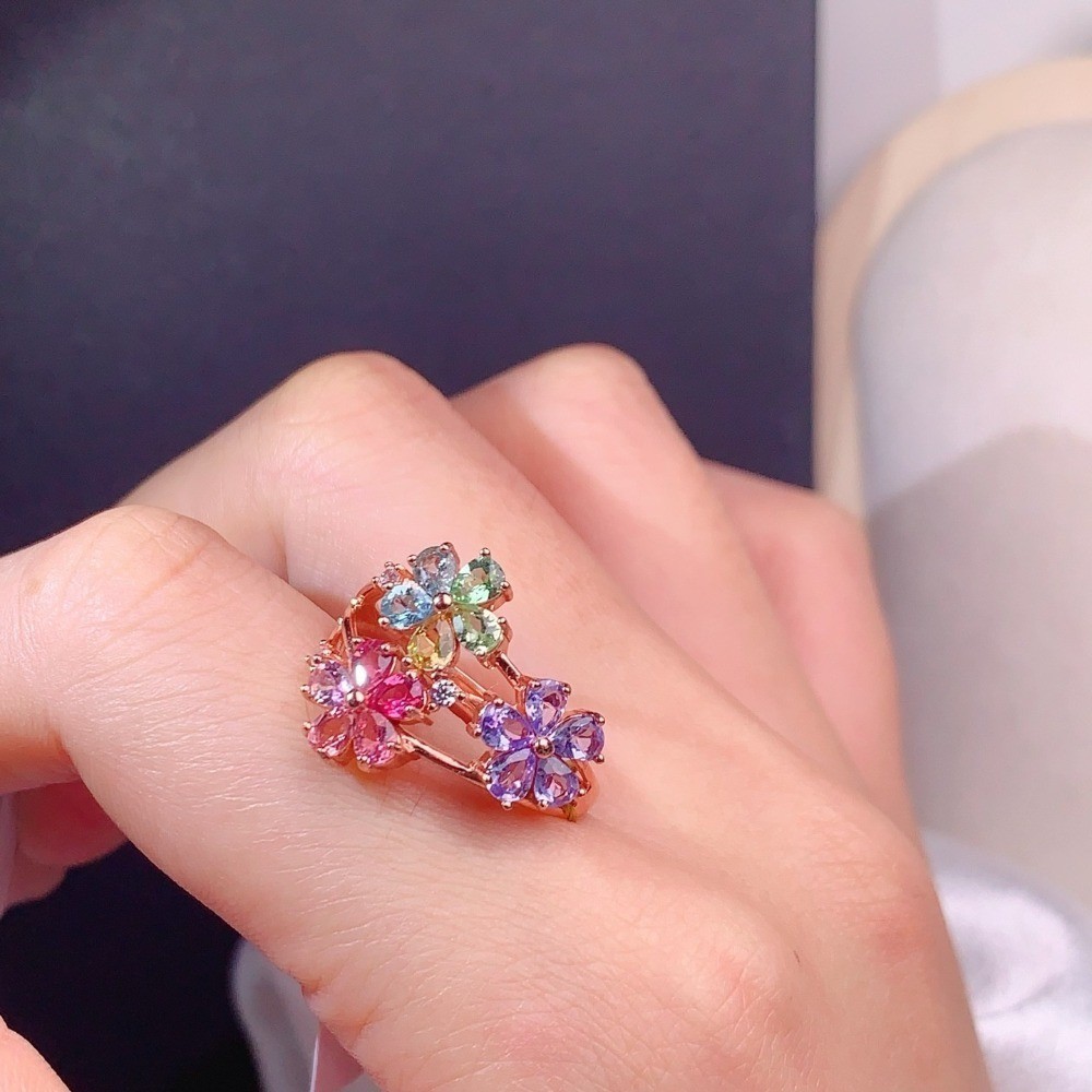 Natural Tourmaline open Adjustable Ring Gemstone S925 Silver Plated 18K Gold
