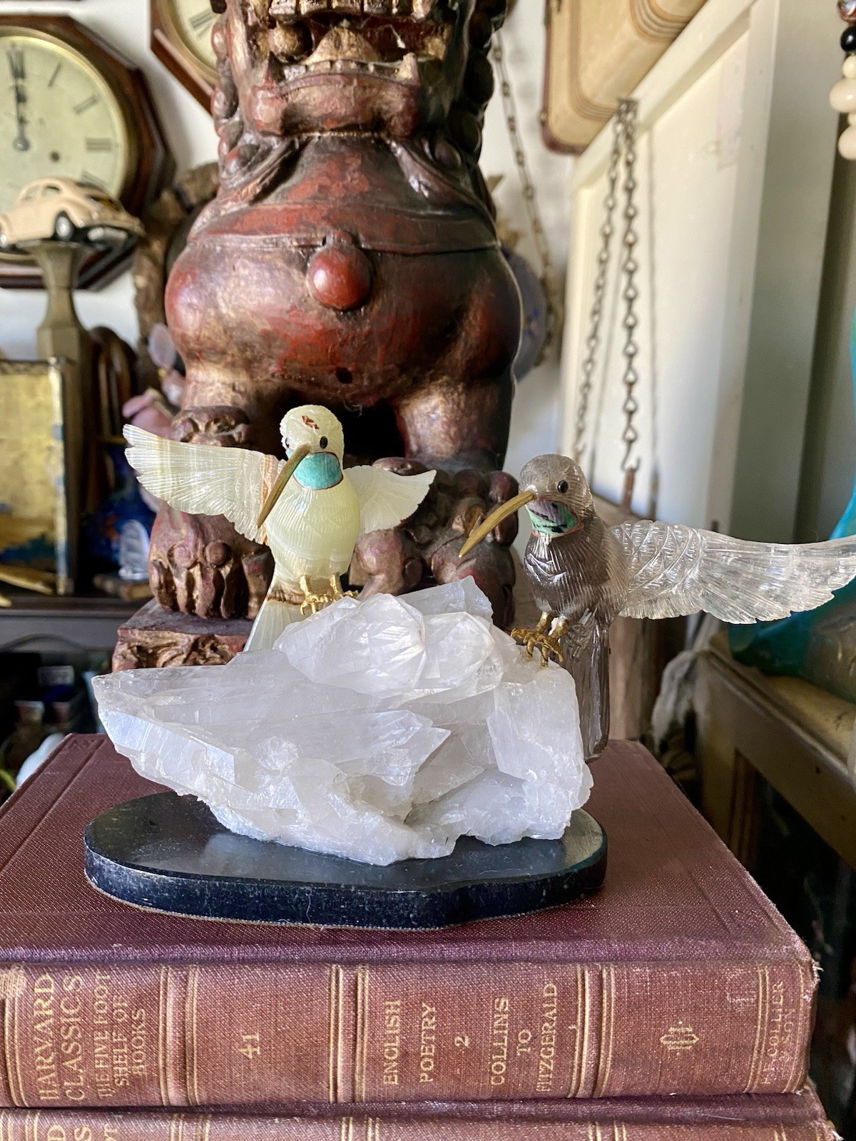 Peter Muller Hand Carved Smokey Quartz, Marble, Quartz Hummingbirds On Quartz
