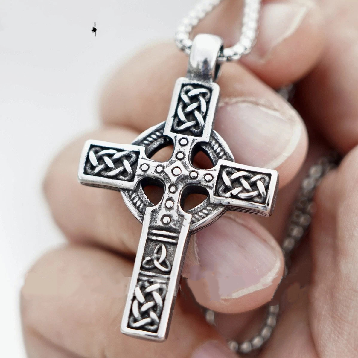 Mens Irish Celtic Trinity Knot Cross Pendant Necklace Stainless Steel Set 1PC