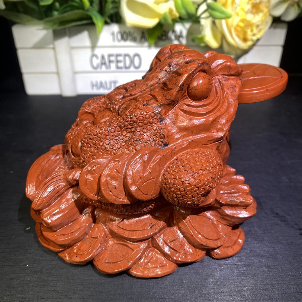 3LB 4.2″Natural A+Red Jasper Golden Toad Statue Crystal Reiki Carving Decor