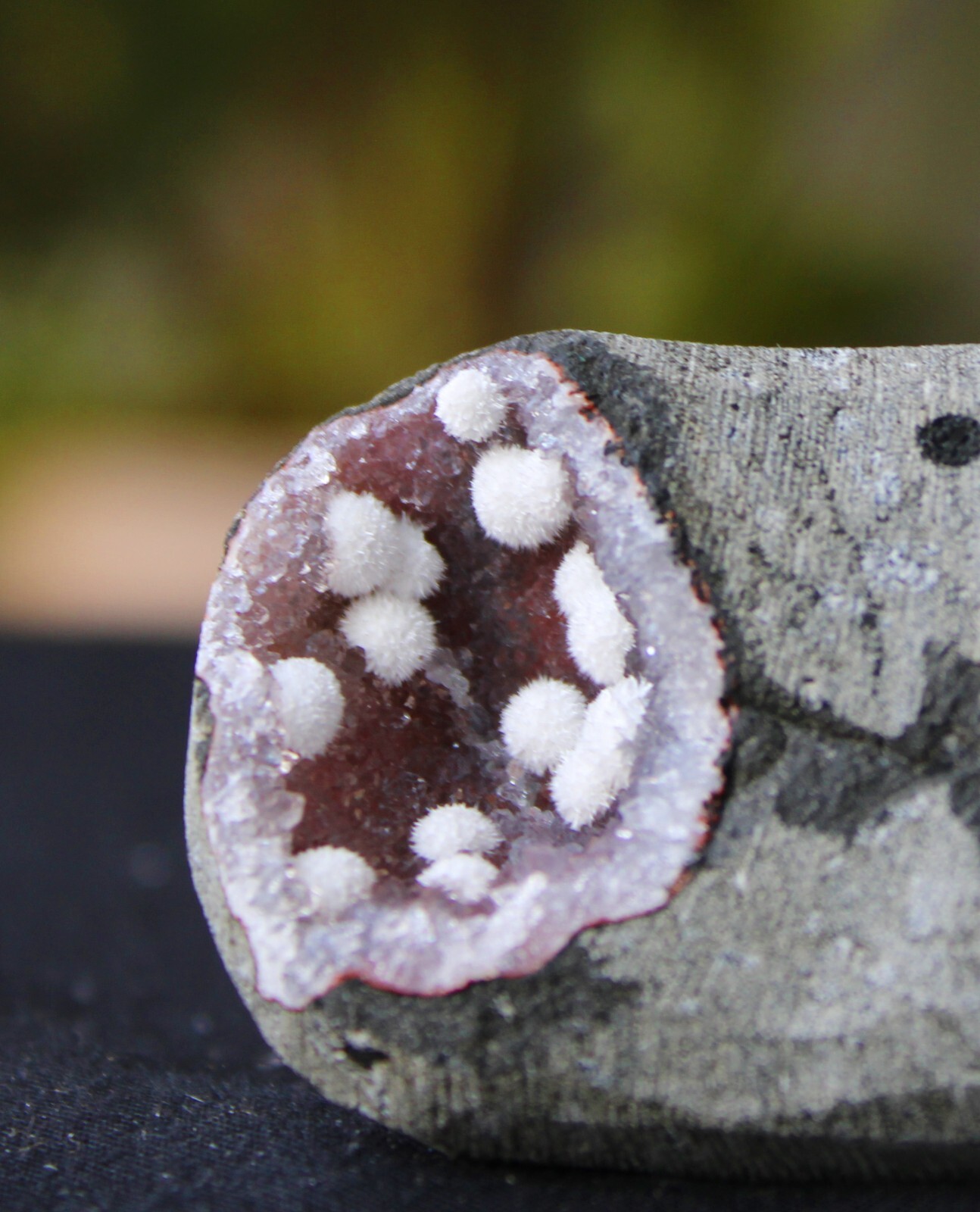 Okenite Balls On Chalcedony Geode Minerals Specimen #BG18