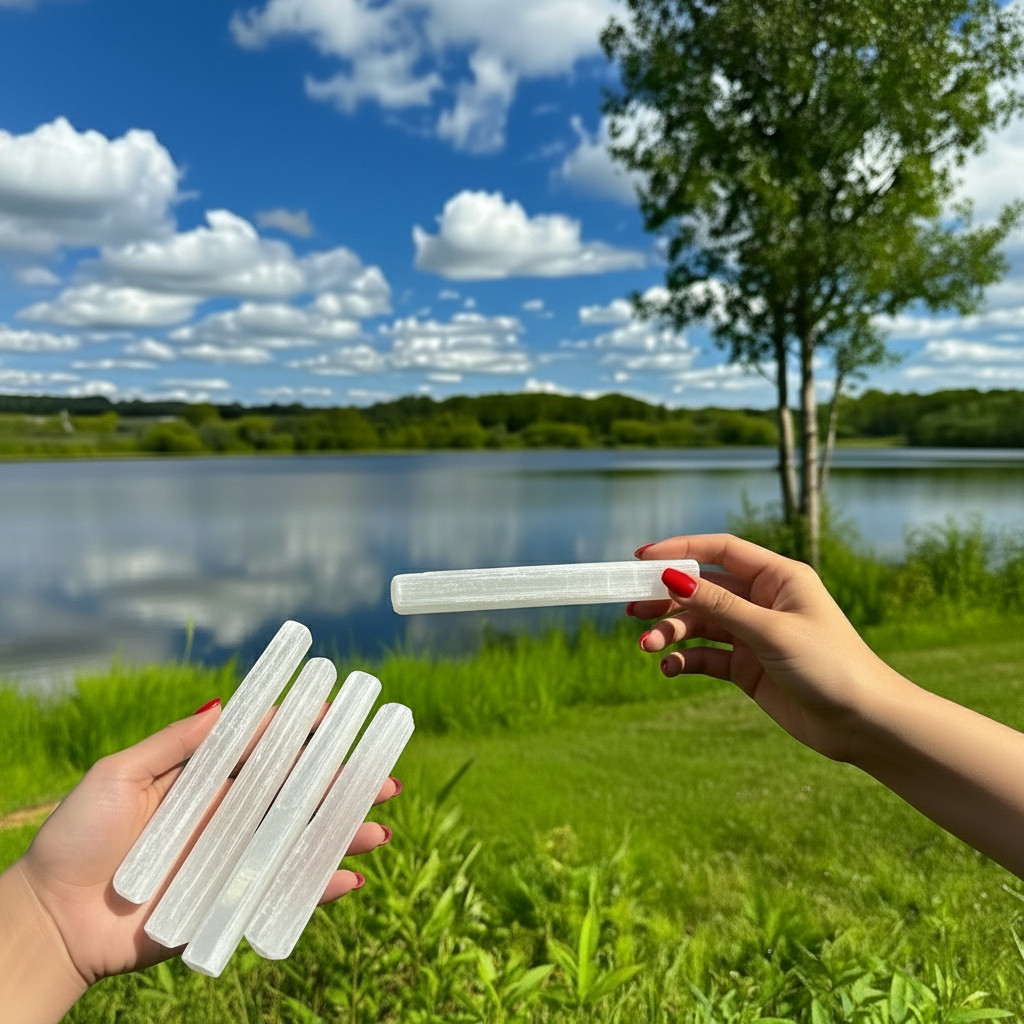 Natural Selenite Wand Set – Reiki Massage Sticks – Crystal Healing Energy Cleans