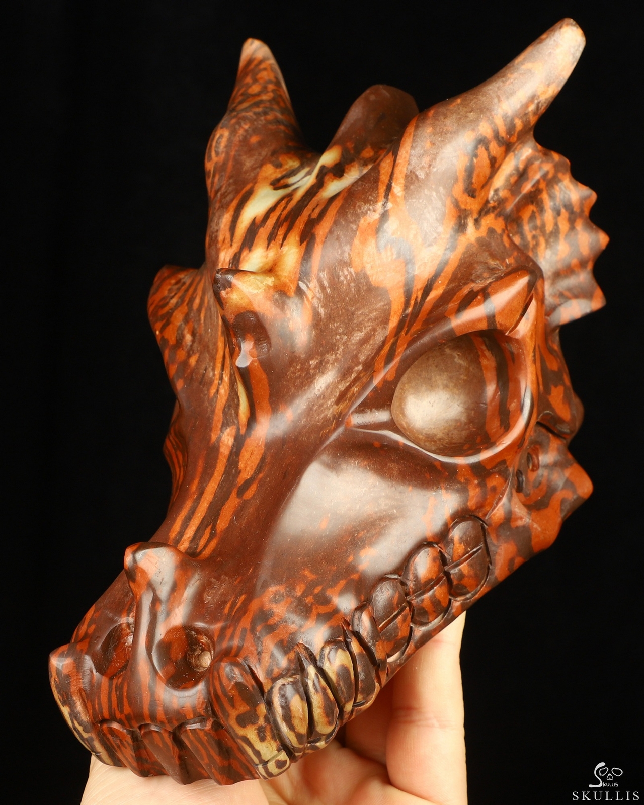 7.0″ Australian Print Stone Hand Carved Crystal Dragon Skull Sculpture, Healing