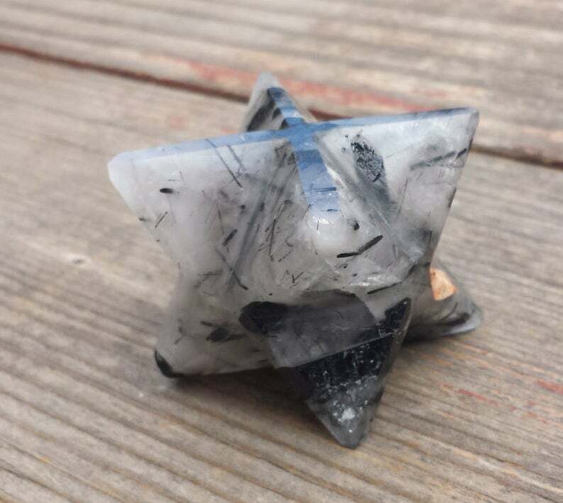 LARGE (50mm) TOURMALATED QUARTZ GEMSTONE MERKABA STAR (ONE) – BUY IT NOW