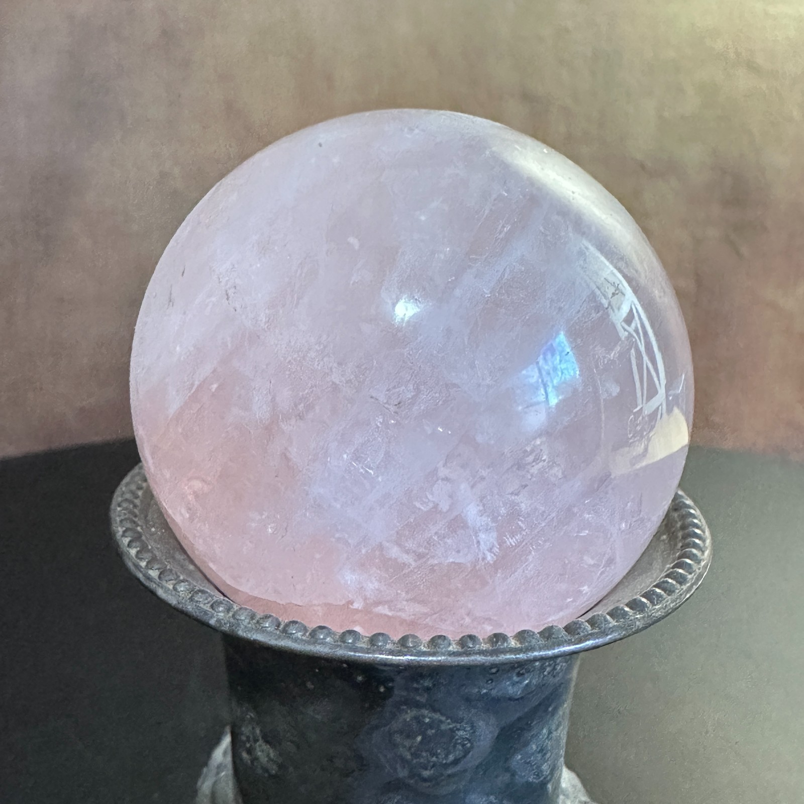 Rose Quartz Sphere with Vintage Brass Holder – 60mm Crystal Valentine’s Day