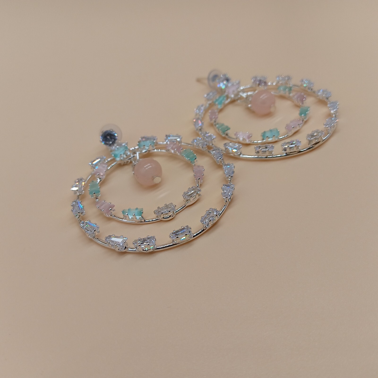 Statement Dual Hoop Earrings with Soft Pastel Stones