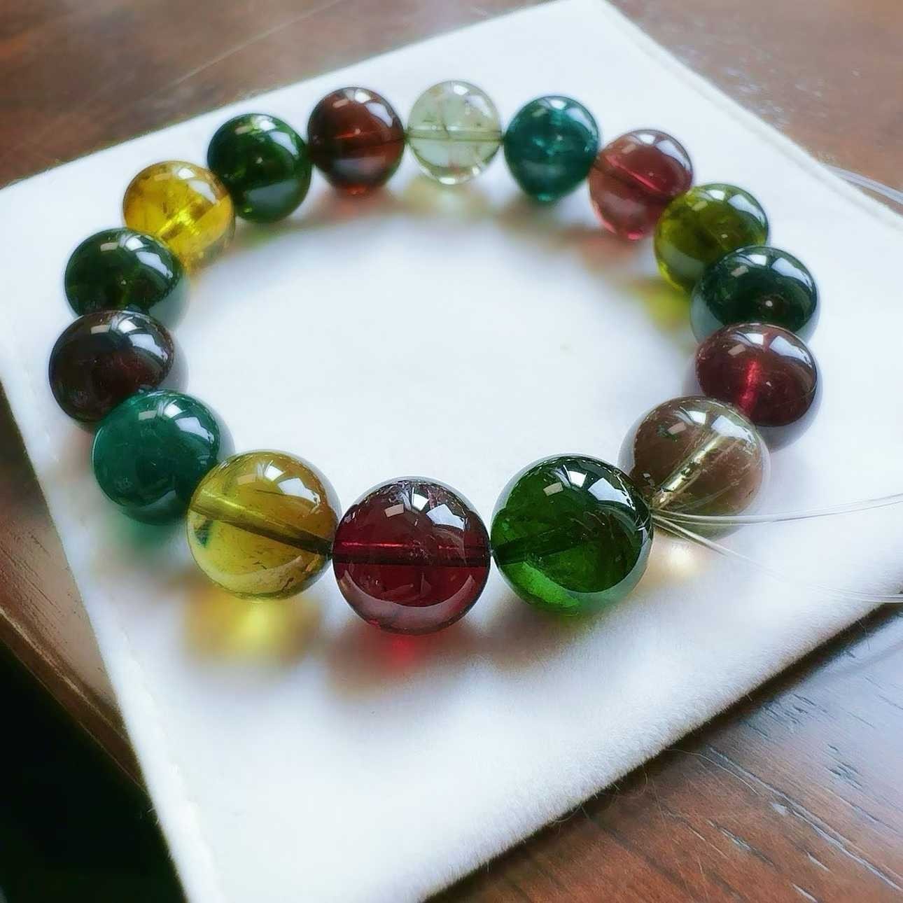 12mm Natural rainbow tourmaline quartz Beaded Bracelet Gemstone Stretch Bracelet