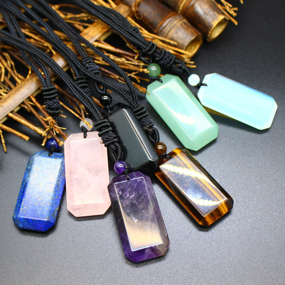 Natural Crystal Rectangle Necklace Chakra Stone Square Bead Pendant Healing Gift