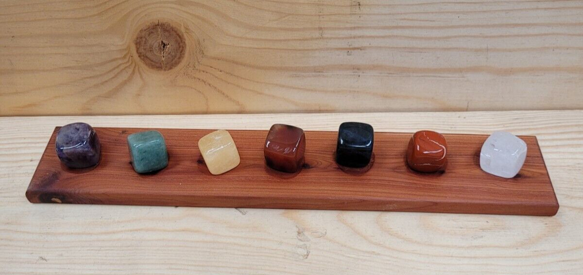 Handmade Wood Base/7 Chakra SquareTumbled Stones/Crystals Set/Pouch/ArtistSigned