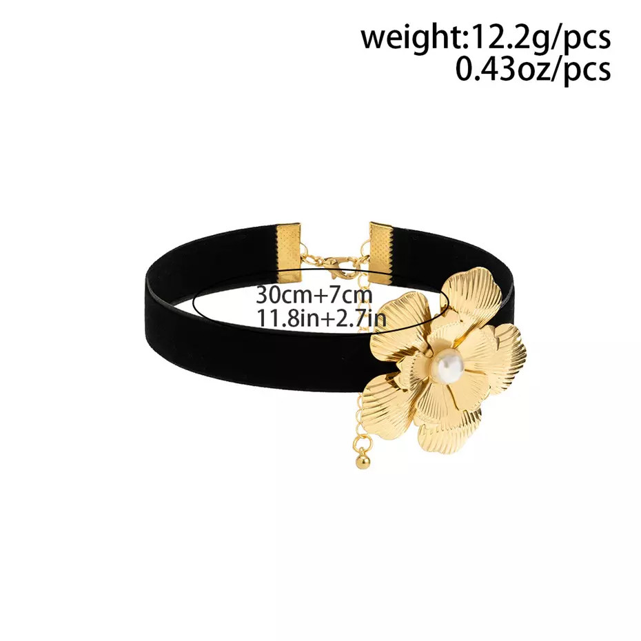 Women’s Fashion Jewelry Gold Rose Flower Velvet Choker Collar Necklace 1PC