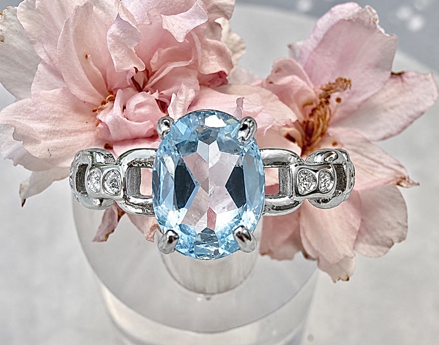 Wholesale 7 Pcs Natural Blue Topaz Stainless Steel(316) Rings Crystal 7x9mm