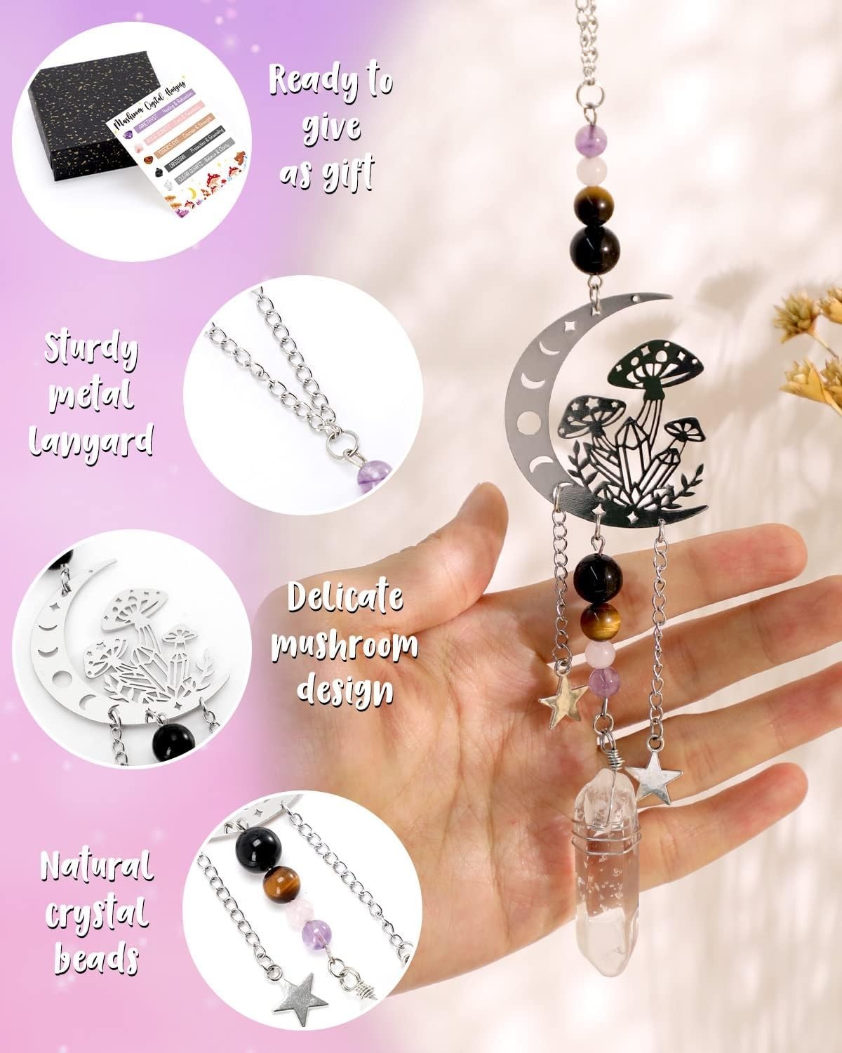 Tuitessine Mushroom Crystal Car Mirror Hanging Charm Quartz Amethyst Decor