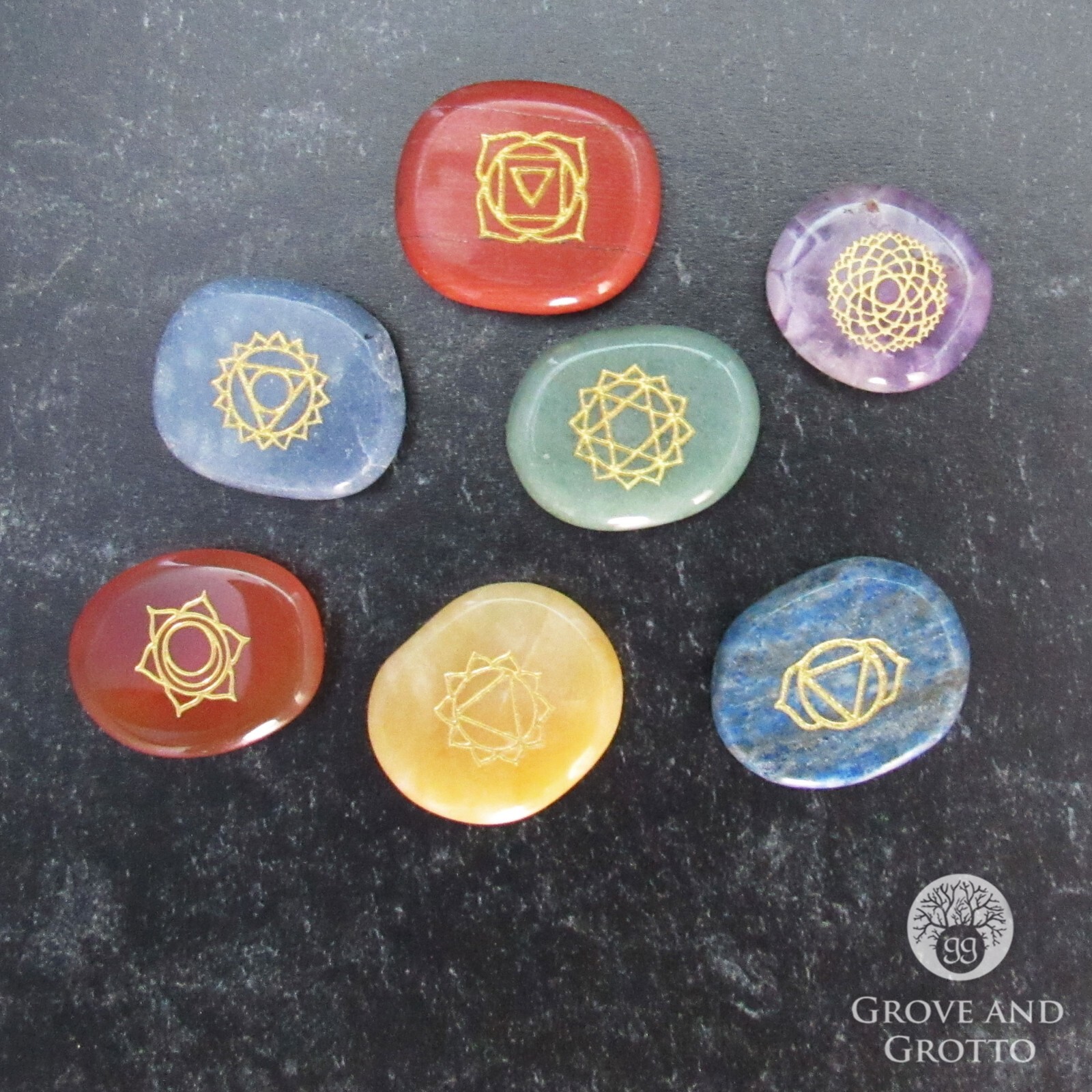 NEW Engraved Chakra Stone Set (Boxed) – Seven 1″ Natural Gem Oval w/ Gold Enamel
