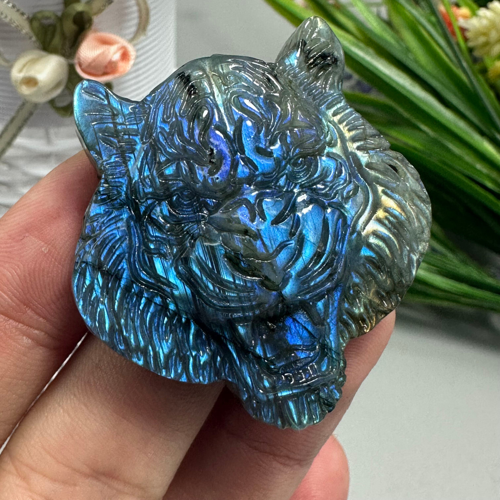 Natural Labradorite Carved Tiger Skull Quartz Skull Crystal Specimen Reiki Heal