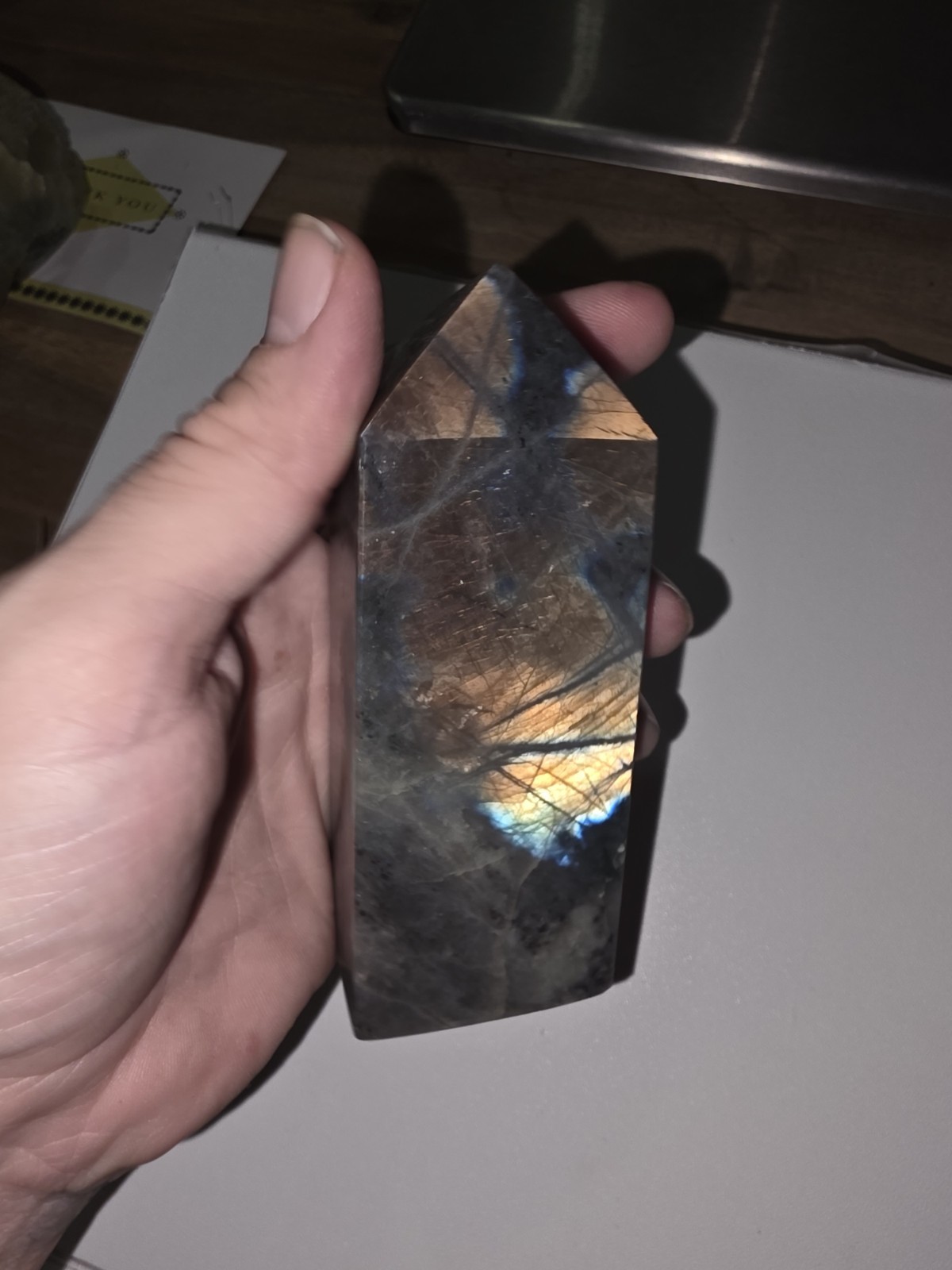 Labradorite Tower – Dark Body with Blue & Gold Fire (350g)