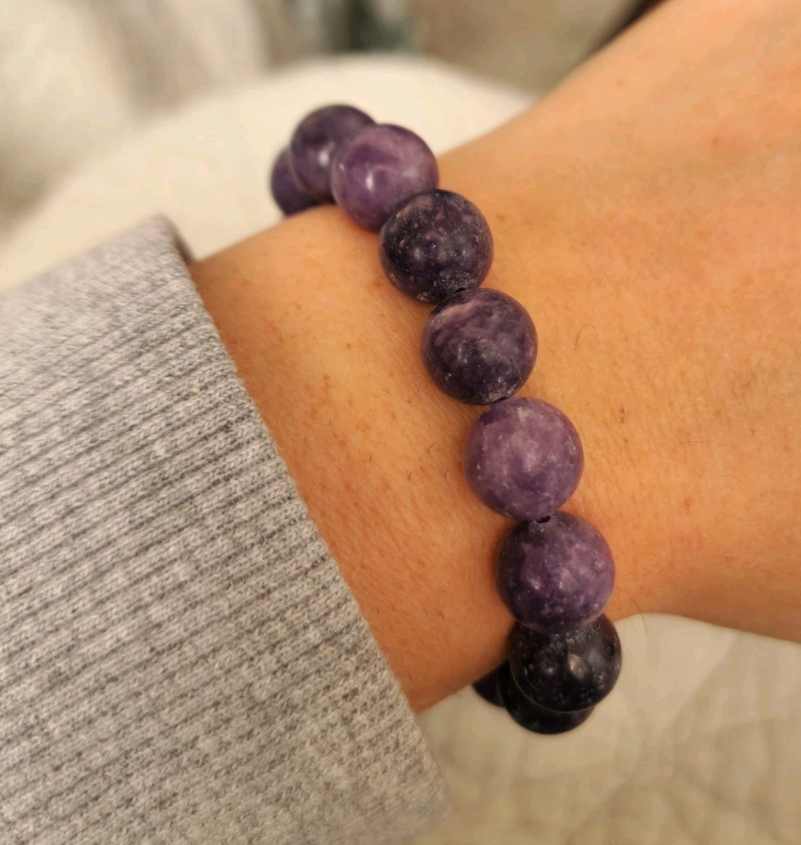 Natural 12mm Purple Lepidolite Bracelet Crystal Beads Stretch