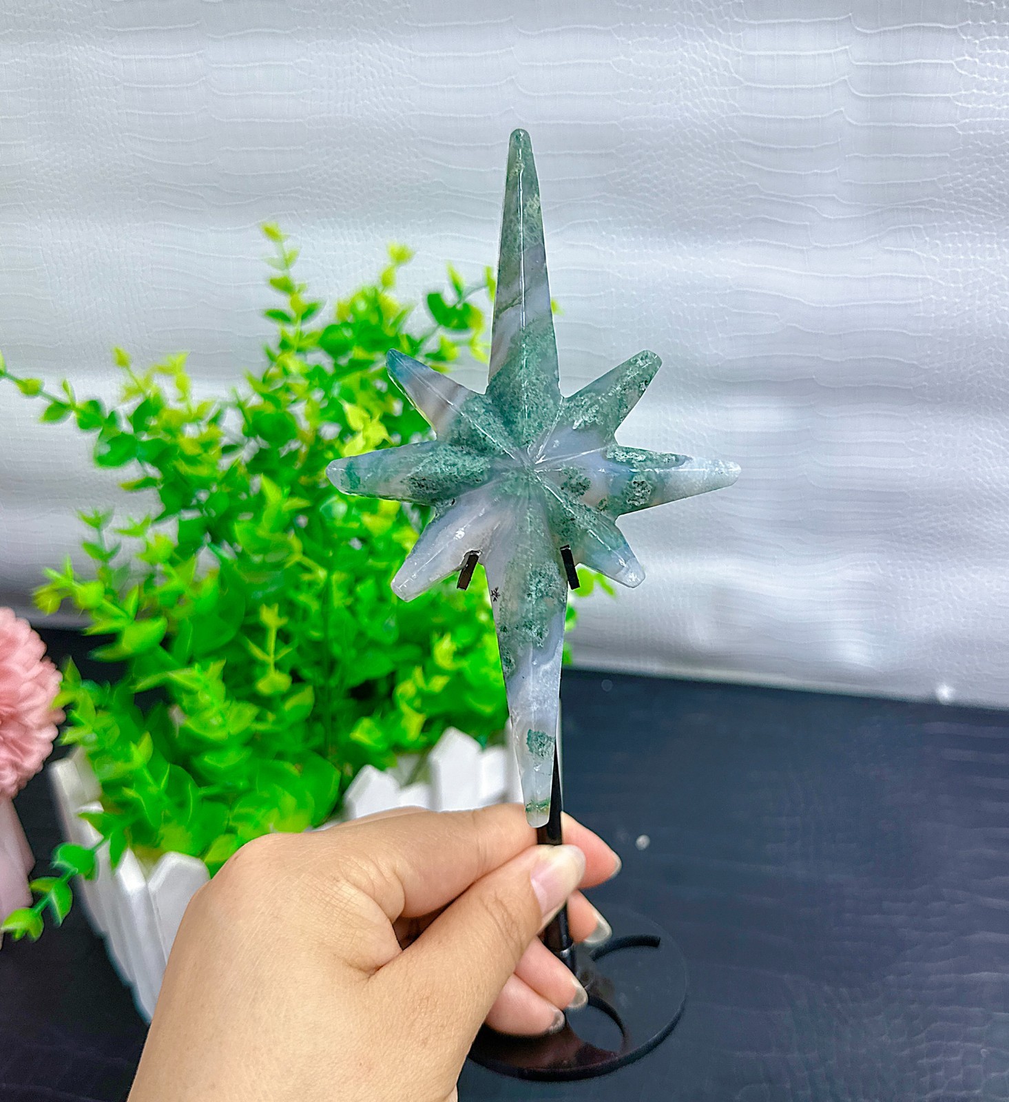 7.4 ” Moss Agate Star crystal carved North Star sculpture on stand 1pcs