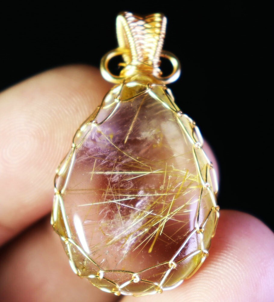 Natural Clear Golden Sun Rutilated Titanium Quartz Crystal Stone Pendant Healing