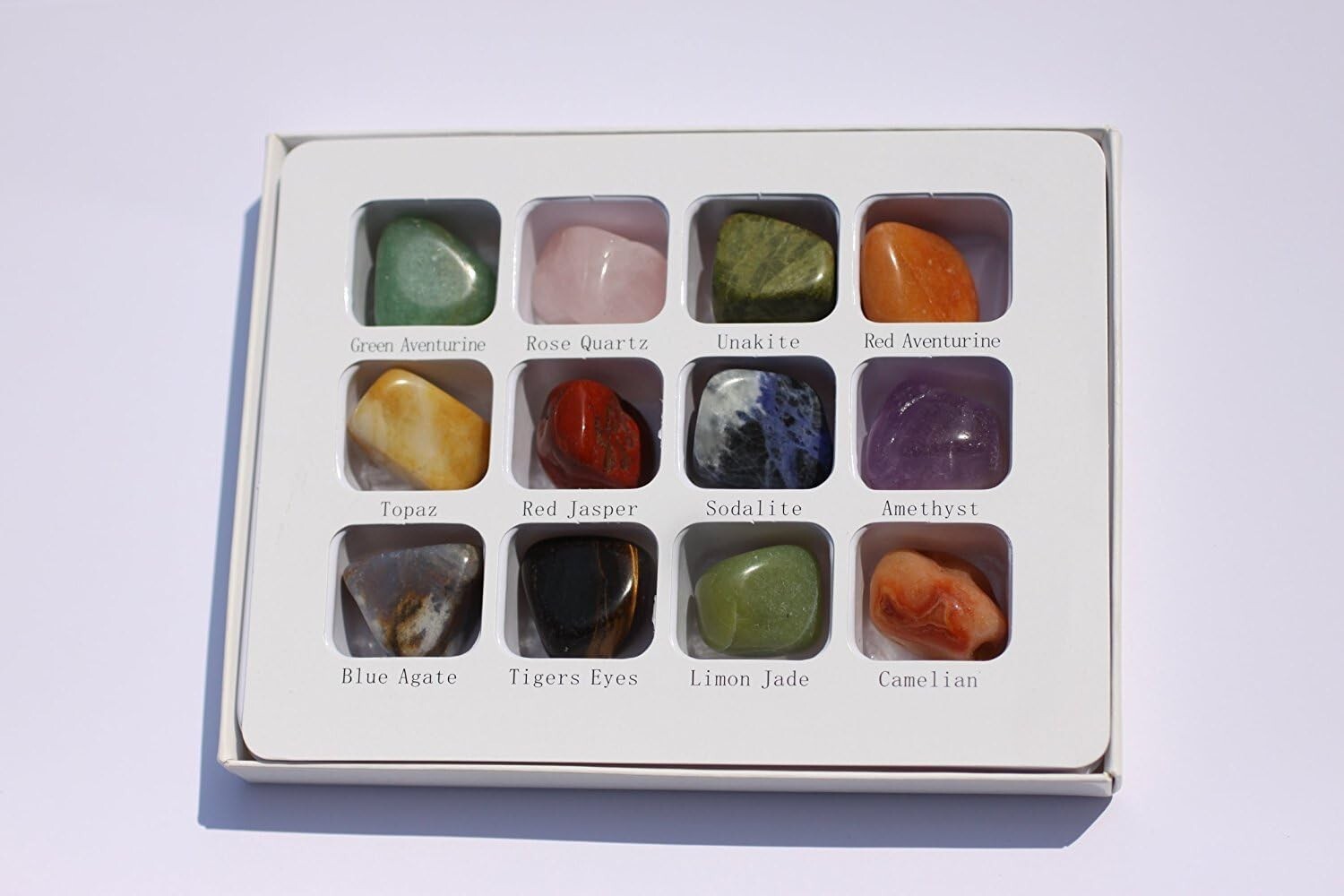 12 Semiprecious Gemstone Box Collection Stones, Natural Polished, 1/2 to 3/4 IN