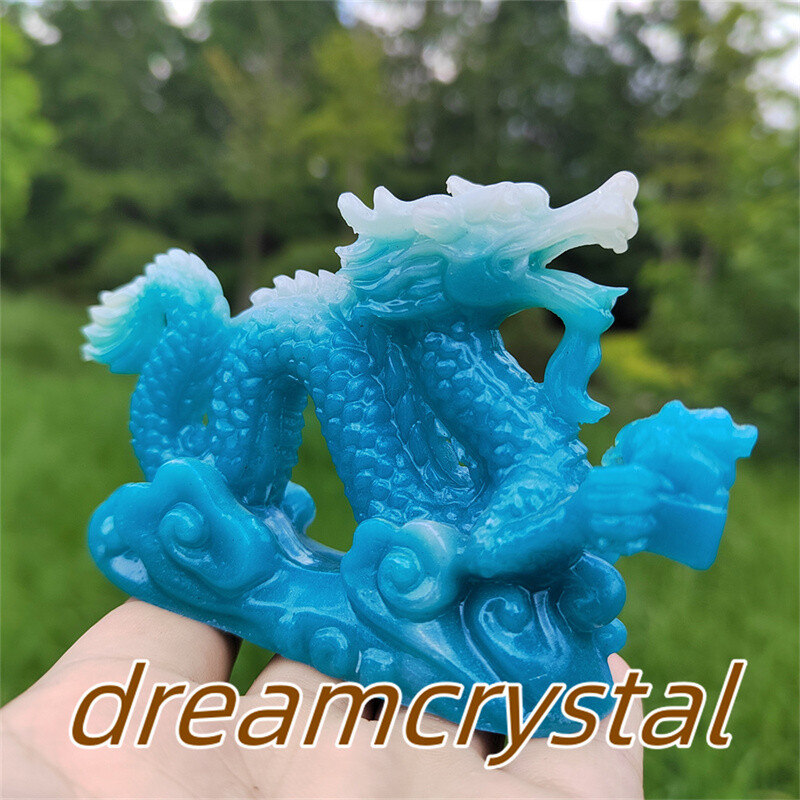 4″ Blue Luminous Stone Sculpture Chinese Dragon Resin Sculpture Skull Gift 1pc