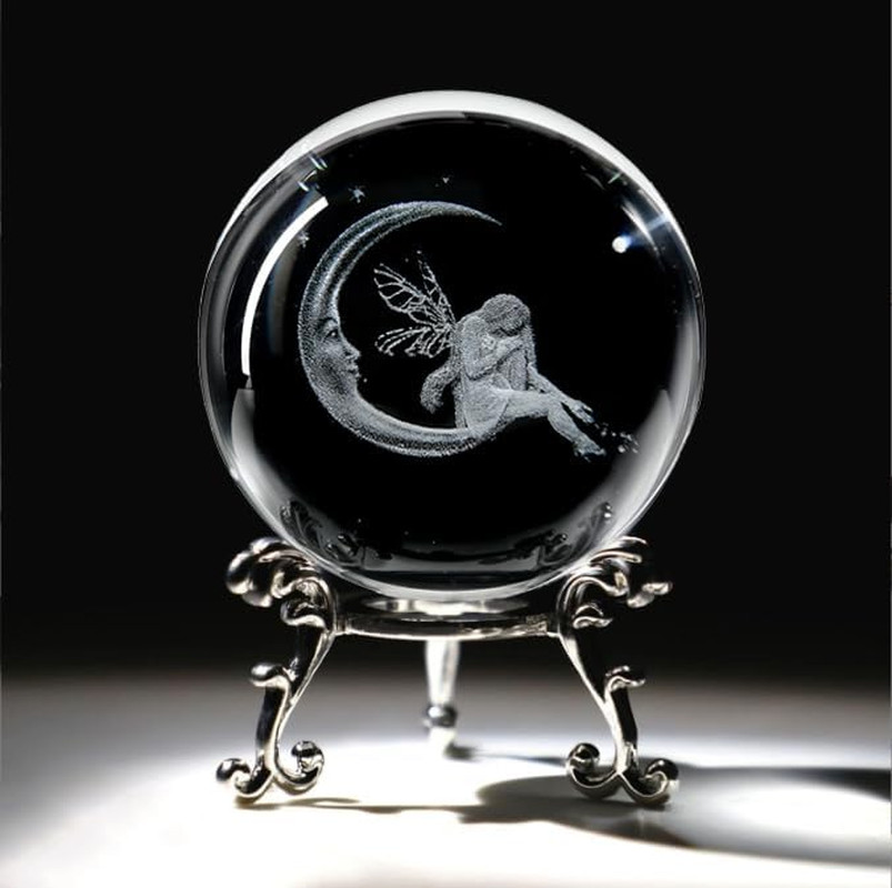 3D Fairy Crystal Ball with Stand, Fairy Figurine Moon Decor Glass Sphere Paperwe