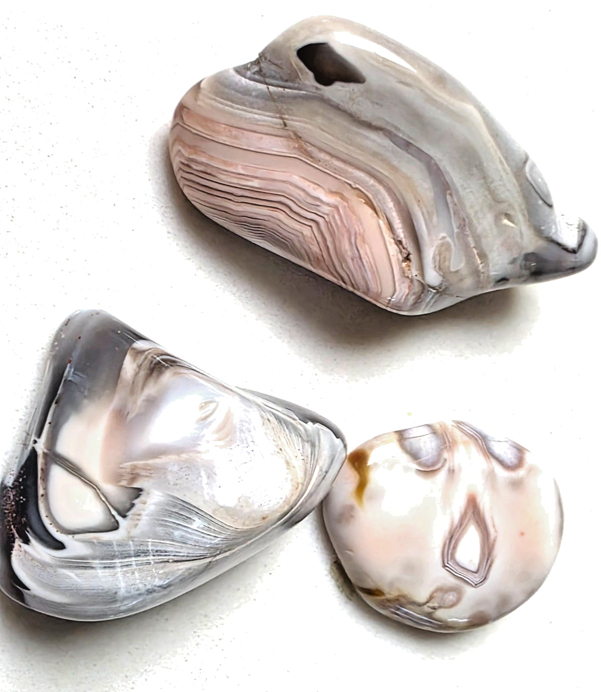 3 POLISHED BOTSWANA AGATEs , Bands , eyes , Pinks . Nice Lot