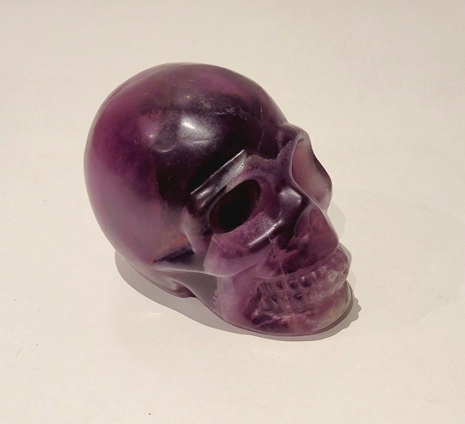 Purple Flourite Human Skull Carving Natural Crystal UV Reactive 439.8g, 0.9lbs