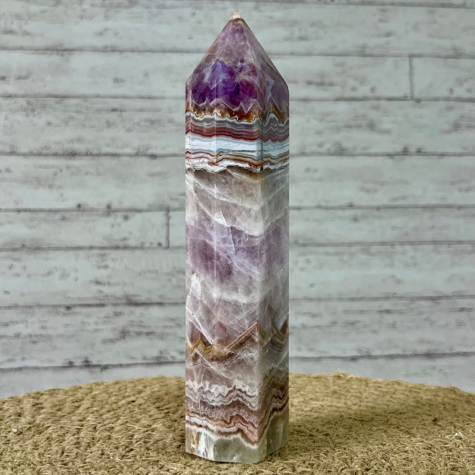 381 g Natural Amethyst Agate Tower Striped Pattern Crystal Obelisk
