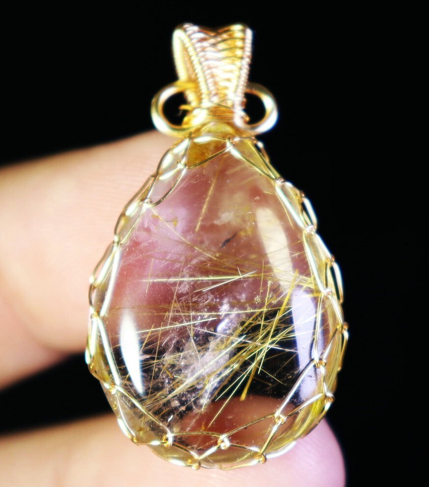Natural Clear Golden Sun Rutilated Titanium Quartz Crystal Stone Pendant Healing