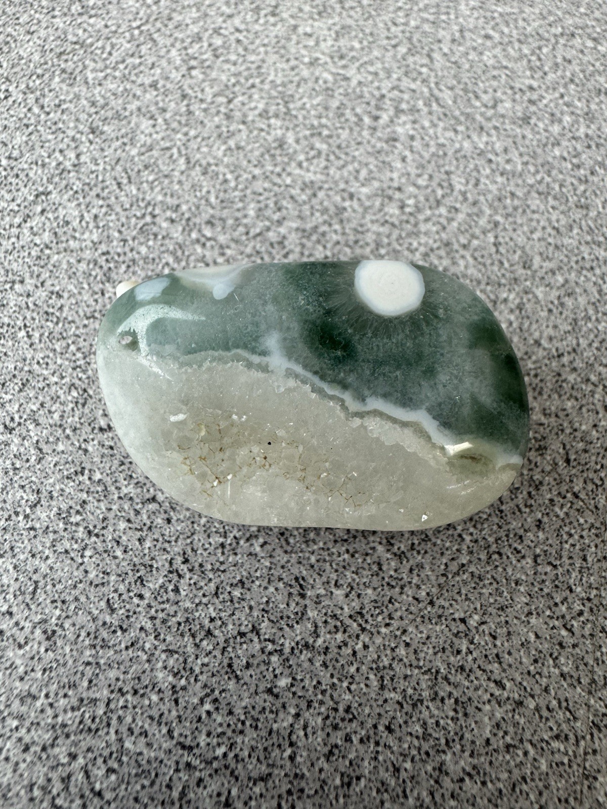 Carved white & green druzy moss agate animal figurine in original box.