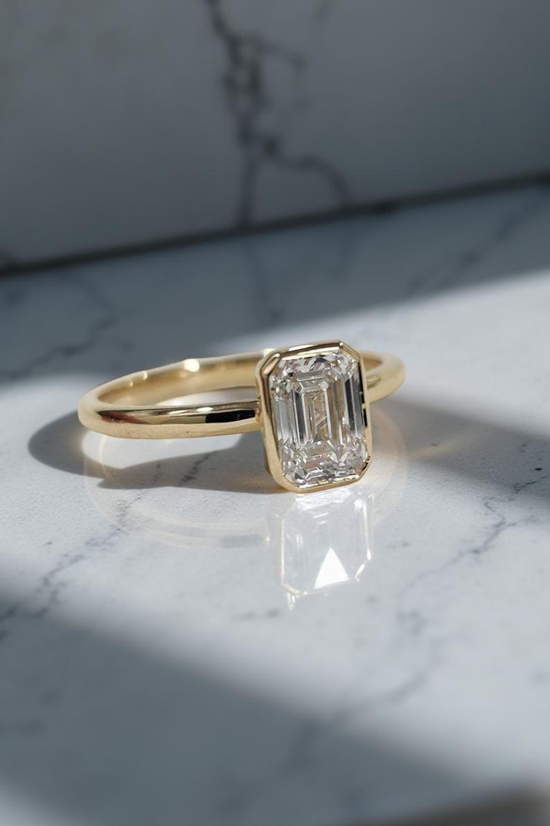 2 Ct Emerald Cut Bezel Moissanite Ring 925 Sterling Silver Proposal Ring