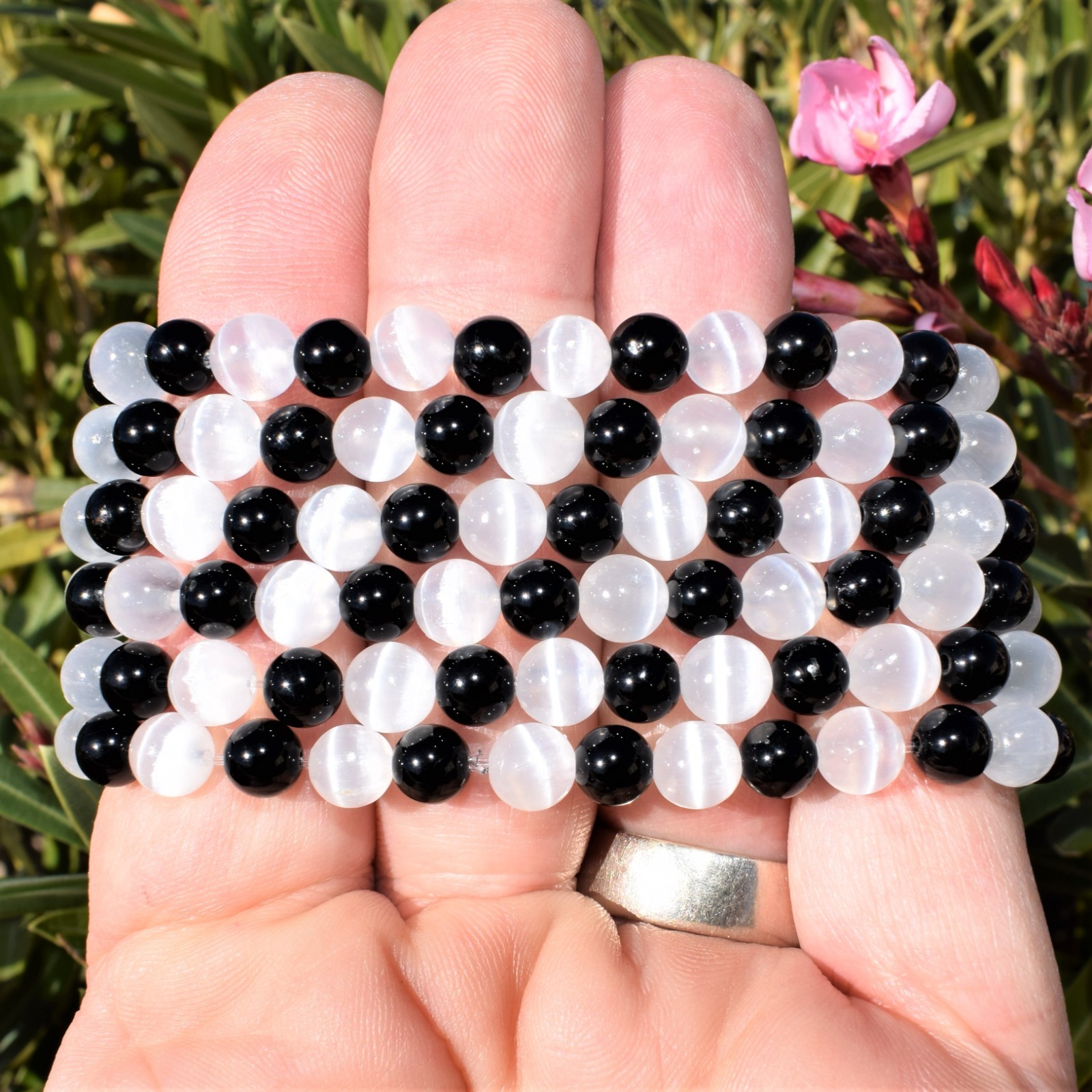 CHARGED Natural Selenite & Black Tourmaline 8mm Bracelet 50/50 + Selenite Heart