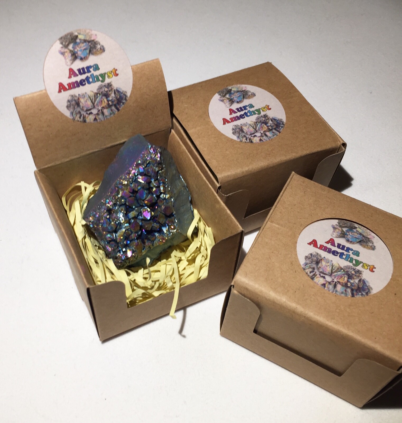 Aura Amethyst Geode Surprise Box, Titanium Crystal Metaphysical Gift, Set of 3