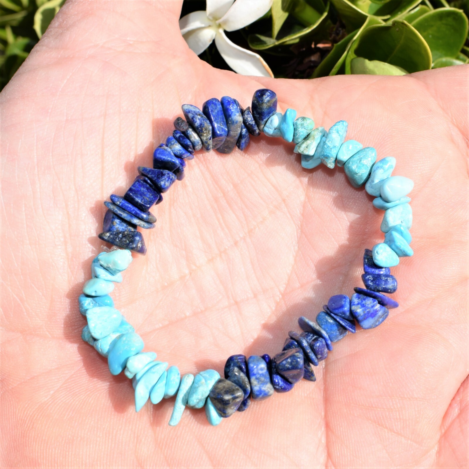 CHARGED Lapis Lazuli & Turquoise Crystal Chip Stretchy Bracelet + Selenite Heart