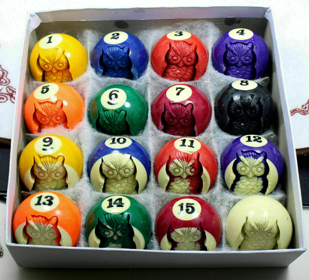 Hand Carved Head Human Owl Skull in Billiard Pool Ball 1 Set of 16/ 52mm