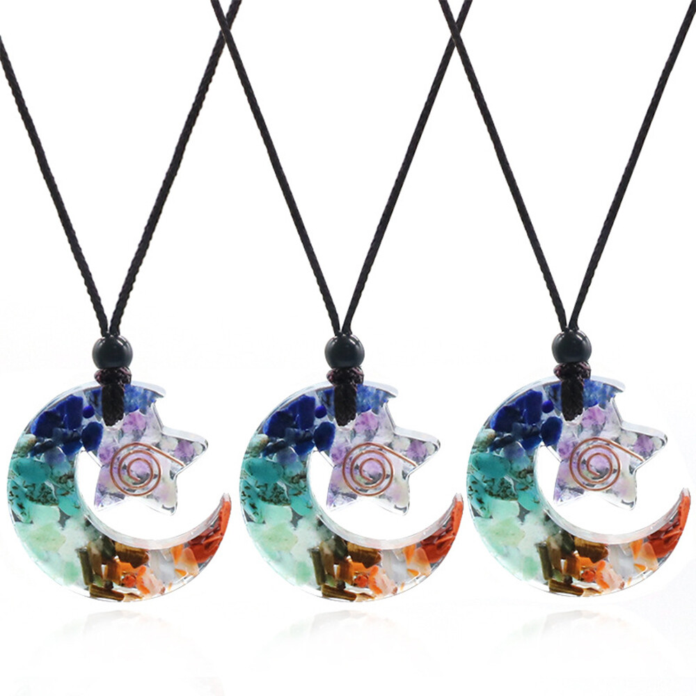 1PC Chakra Star Moon Pendant Necklace Epoxy Resin Chips Crystal Orgone Organite